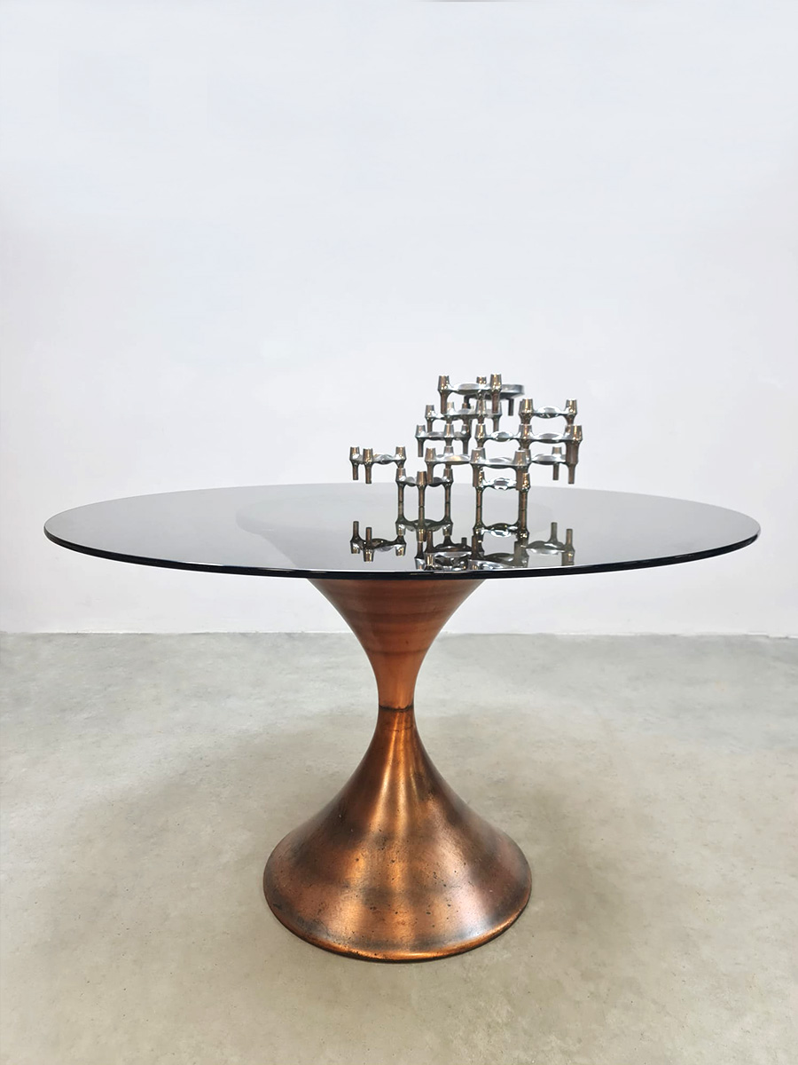 Midcentury Italian design brass round dining table smoked glass metalen eetkamertafel