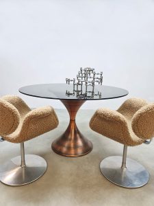Vintage Italian design brass round dining table smoked glass metalen eetkamertafel
