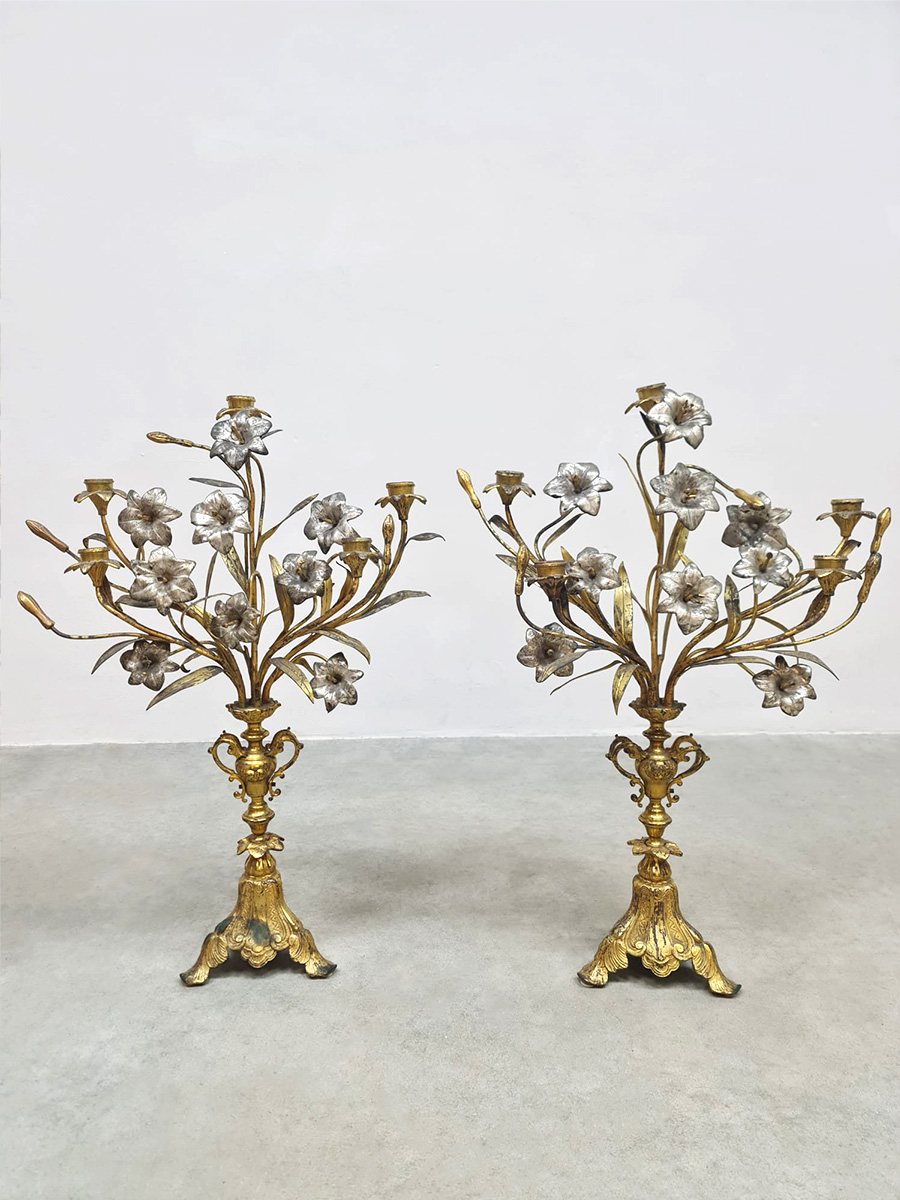 Vintage design Brass glass leafs French candelabra candle holder glazen bloemen kandelaar