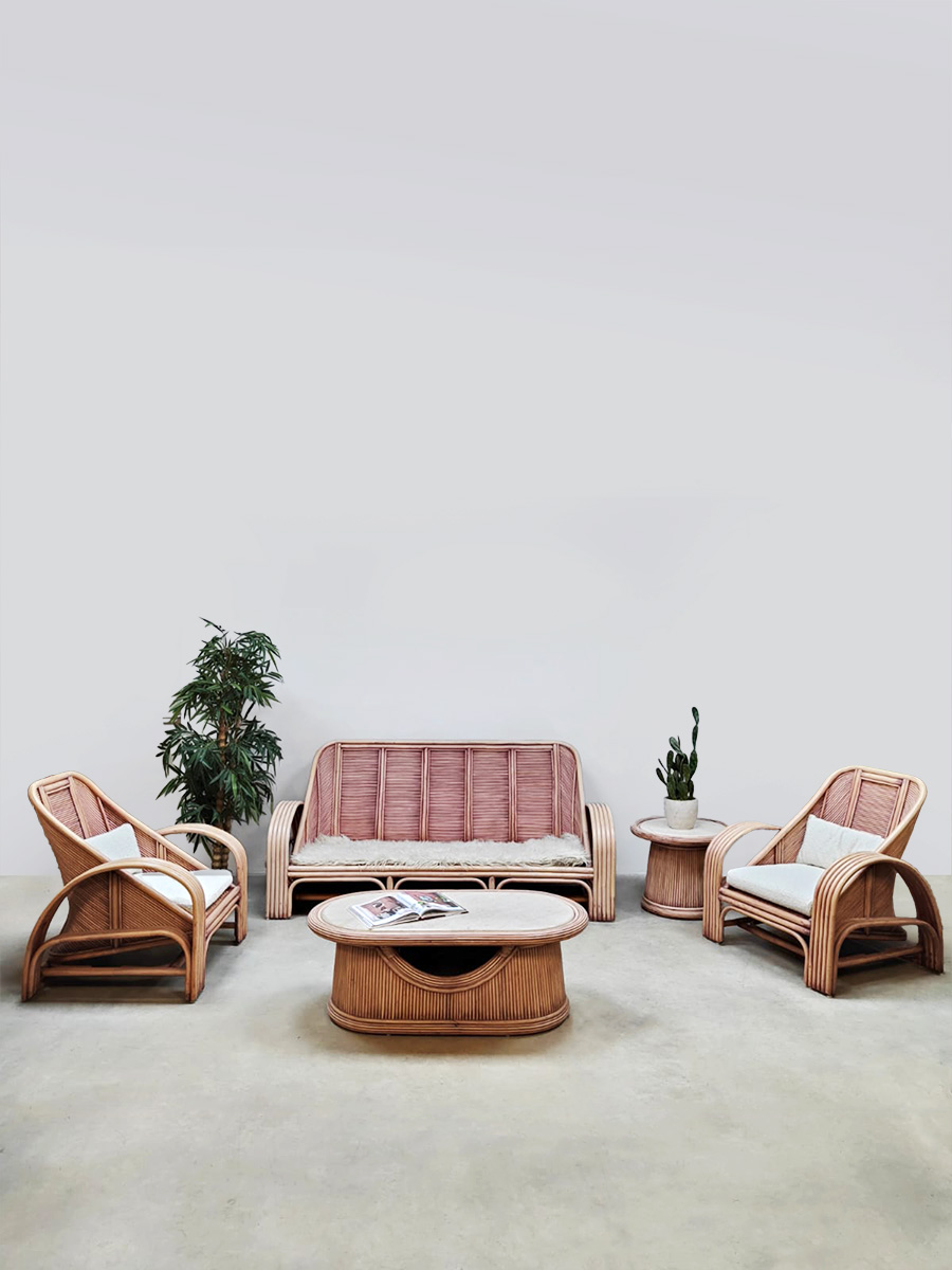 Vintage pink rattan bamboo lounge set bamboe fauteuils bank ‘Boho-style’