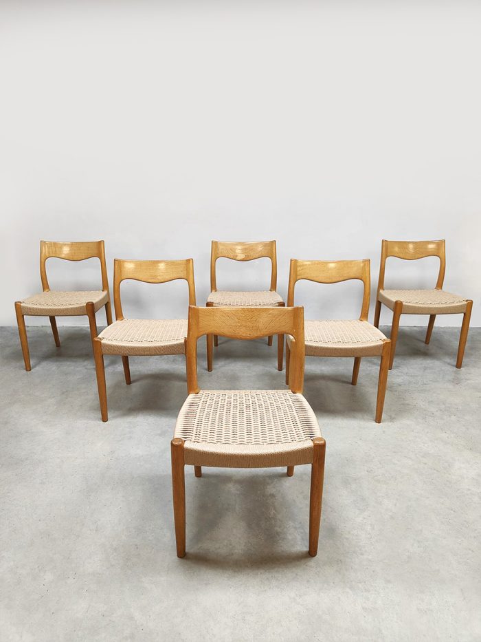 Danish vintage oak papercord dining chairs Deense eiken eetkamerstoelen Hansen ‘Wabi-sabi’