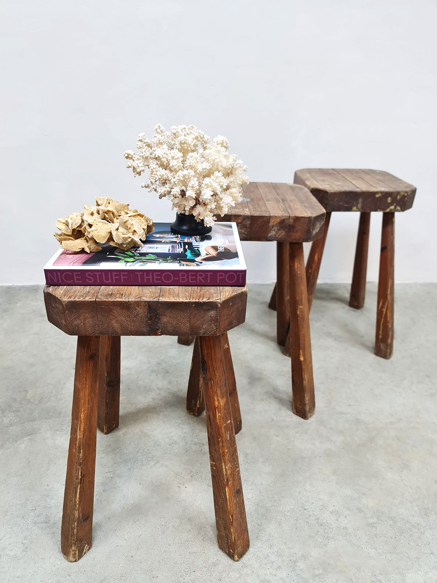 Rustic French wooden hand carved stools 'Brutalist'