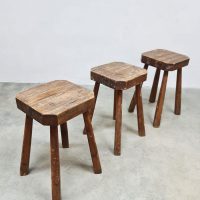 Brutalist Wabi Sabi French wooden hand carved stools houten krukken melkkruk