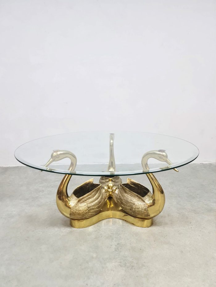 Midcentury interior design Hollywood Regency brass Swan coffee table side table salontafel Zwanen trio