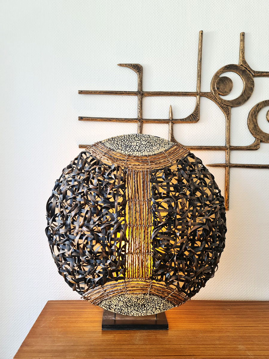 Vintage midcentury rattan table lamp gevlochten touw tafellamp 'Boho chiq' XL