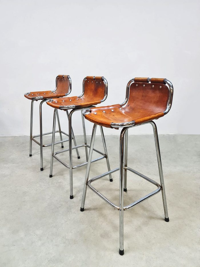 Midcentury design leather & chrome barstools krukken 'Les Arcs' 1960's