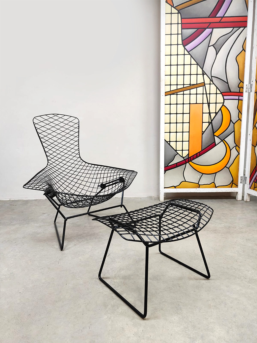 Vintage black Bird wire chair & ottoman Harry Bertoia Knoll