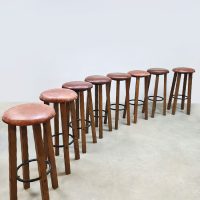 Vintage wooden leather barstools barstool barkrukken Brutalist