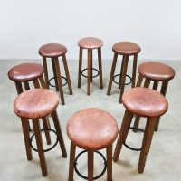 Vintage wooden leather barstools barstool Brutalist