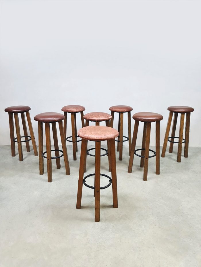 Vintage wooden leather barstools barstool Brutalist