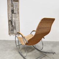 Midcentury interior design chrome and wicker rocking chair rotan & chromen schommelstoel 1970s