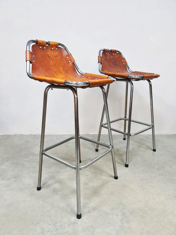 Midcentury interior design leather & chrome barstools krukken 'Les Arcs' 1960's