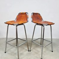 Vintage design leather & chrome barstools krukken 'Les Arcs' 1960's