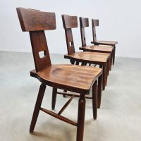 Vintage T-back dining chairs houten eetkamerstoelen ''Brutalist''