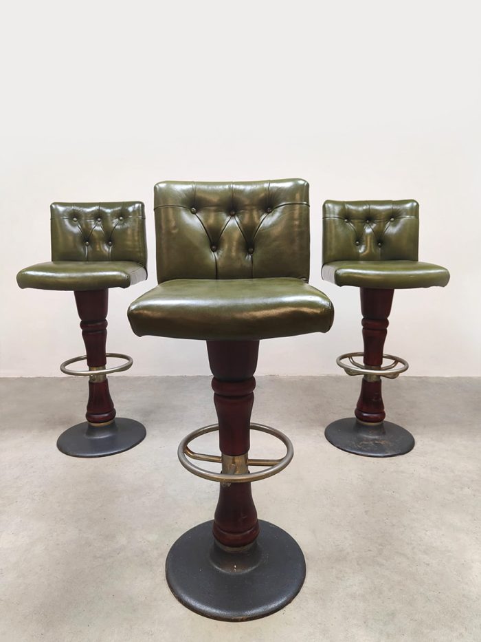 Vintage French café swivel barstools 'Green leather'