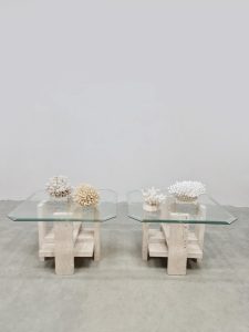 Vintage set travertine coffee tables salontafel travertin marble Willy Ballez 1970s