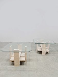 Vintage set travertine coffee tables salontafel travertin marble Willy Ballez 1970s