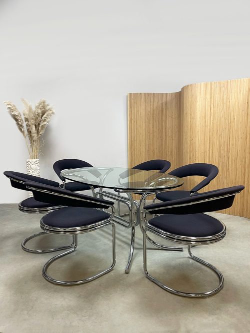Italian tubular dining set table chairs Giotto Stoppino vintage eetkamerset tafel stoelen chroom