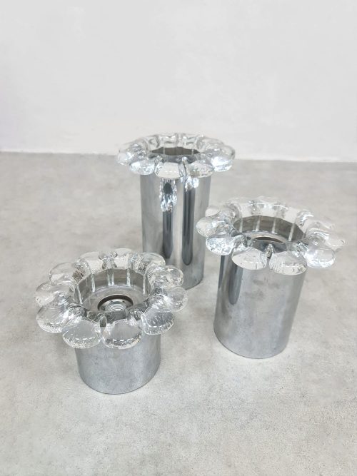 Midcentury interior styling chrome and glass flower wall sconces bloemen wandlampen