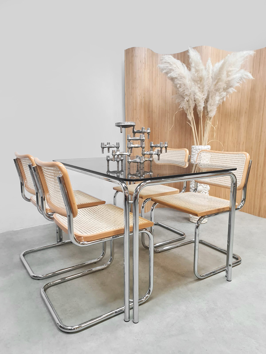 Vintage interior design webbing dining chairs Cesca eetkamerstoelen Marcel Breuer for Thonet 1980s