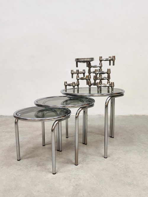 Vintage interior design mimiset chrome & smoked glass side tables chromen bijzettafels 1970