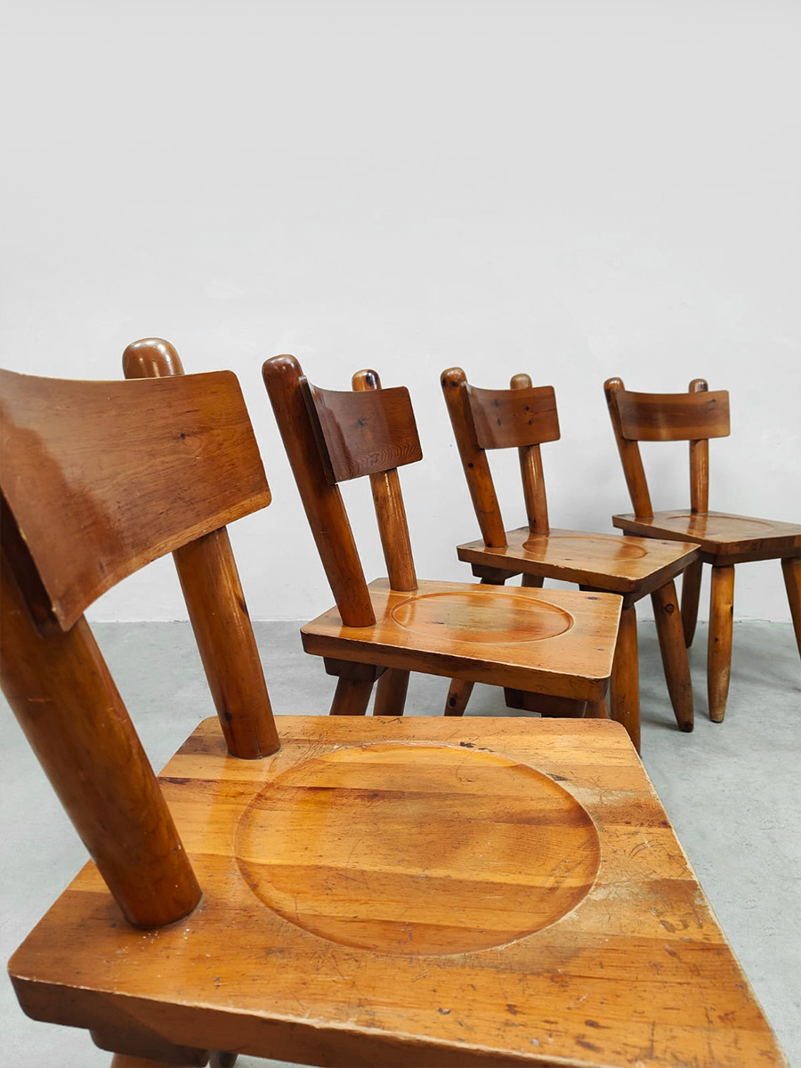 Midcentury interior design brutalist wooden dining set chairs & table houten eetkamerset 1970