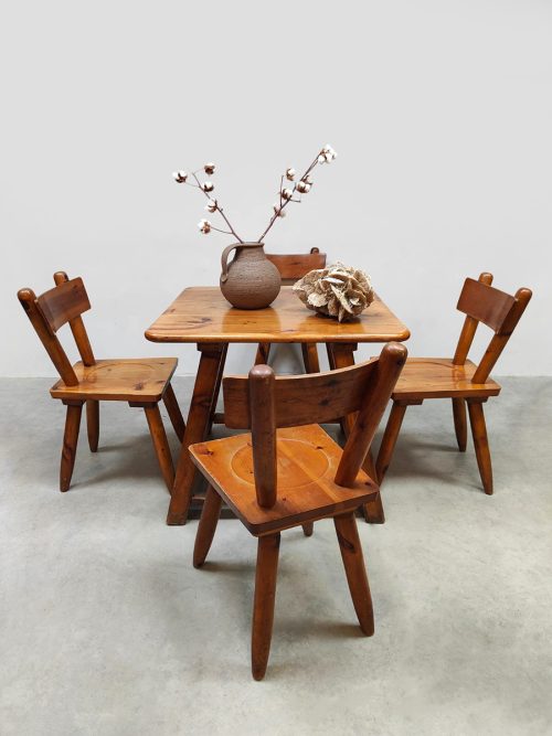 Midcentury interior design brutalist wooden dining set chairs & table houten eetkamerset 1970