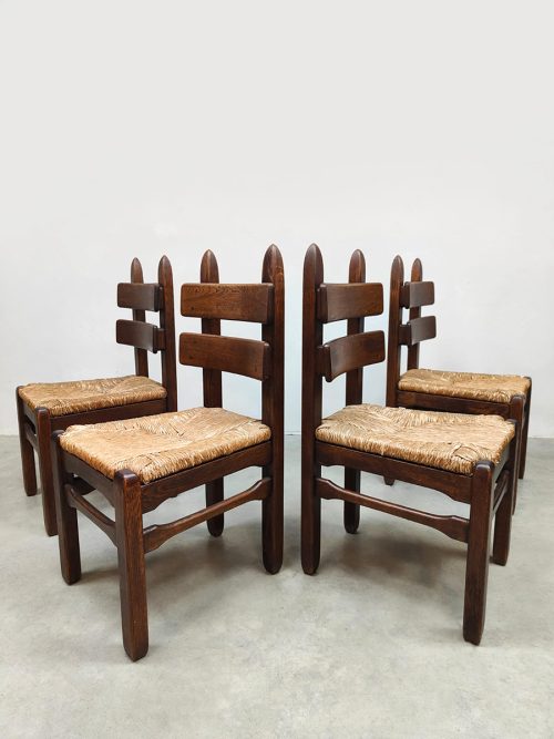 Midcentury brutalist rush dining chairs vintage houten eetkamerstoelen Charles Dudouyt 1940