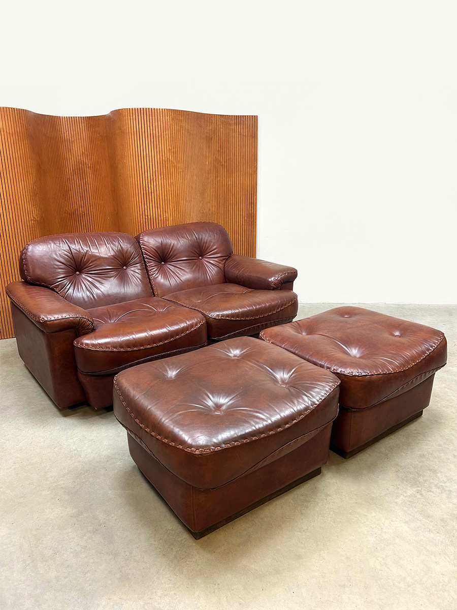 Midcentury furniture design leather two-seater sofa leren tweezitsbank Vavassori Monza 1970