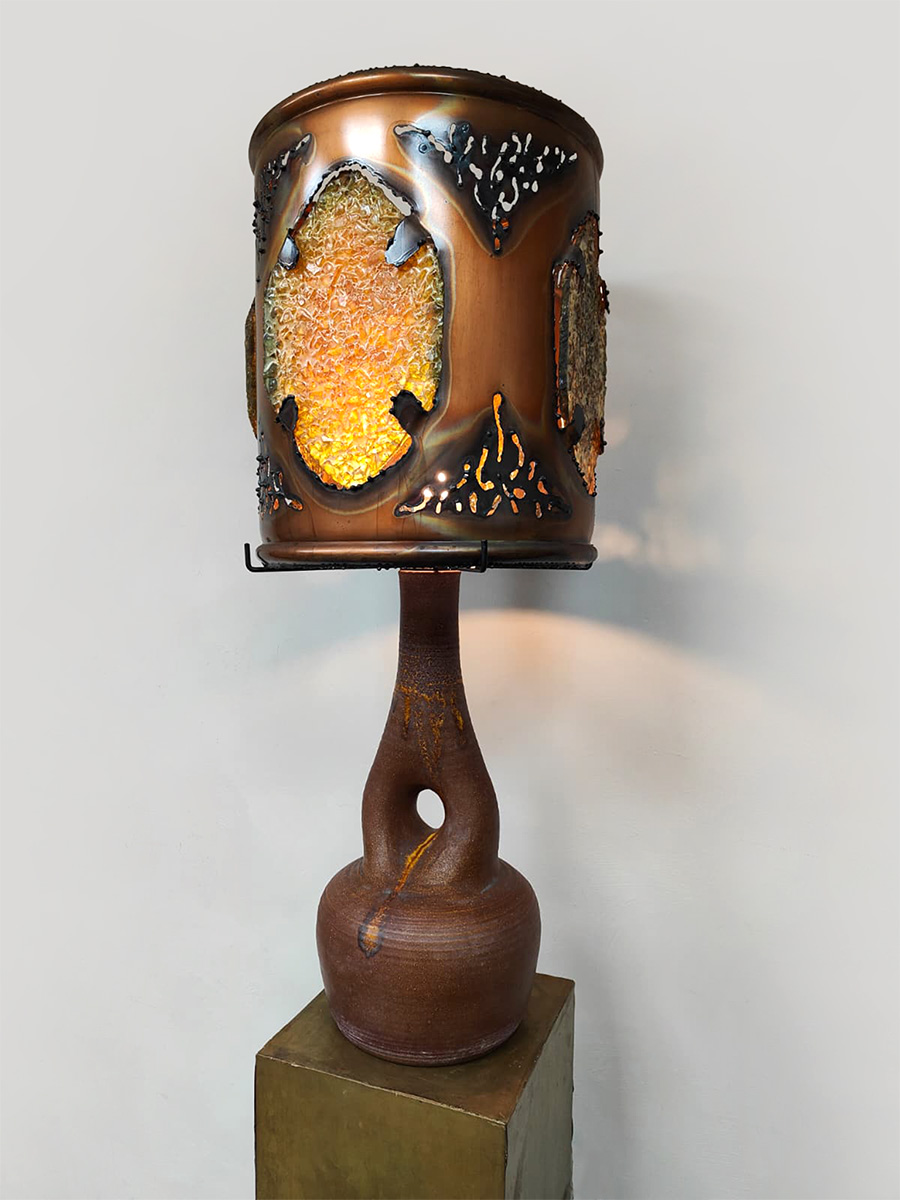 French vintage copper fractal resin table lamp Accolay 'Brutalist'
