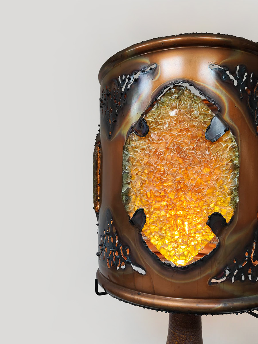 Vintage furniture design large copper fractal resin table lamp koperen epoxy lamp Accolay Potters 1970s