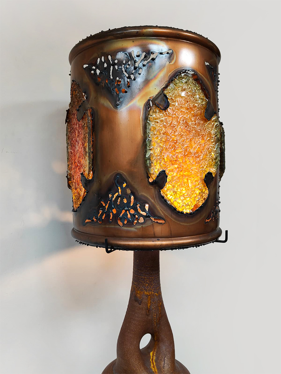 Vintage French design large copper fractal resin table lamp koperen epoxy lamp Accolay Potters 1970s