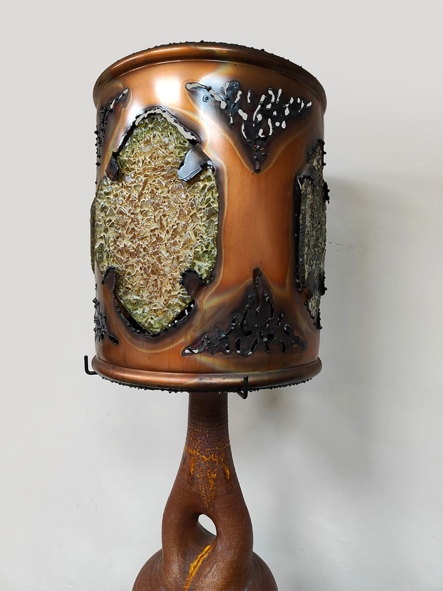 French vintage copper fractal resin table lamp Accolay 'Brutalist'