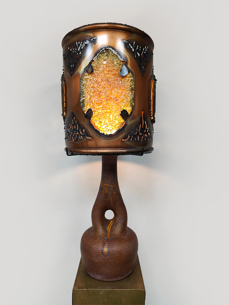French vintage copper fractal resin table lamp Accolay 'Brutalist'