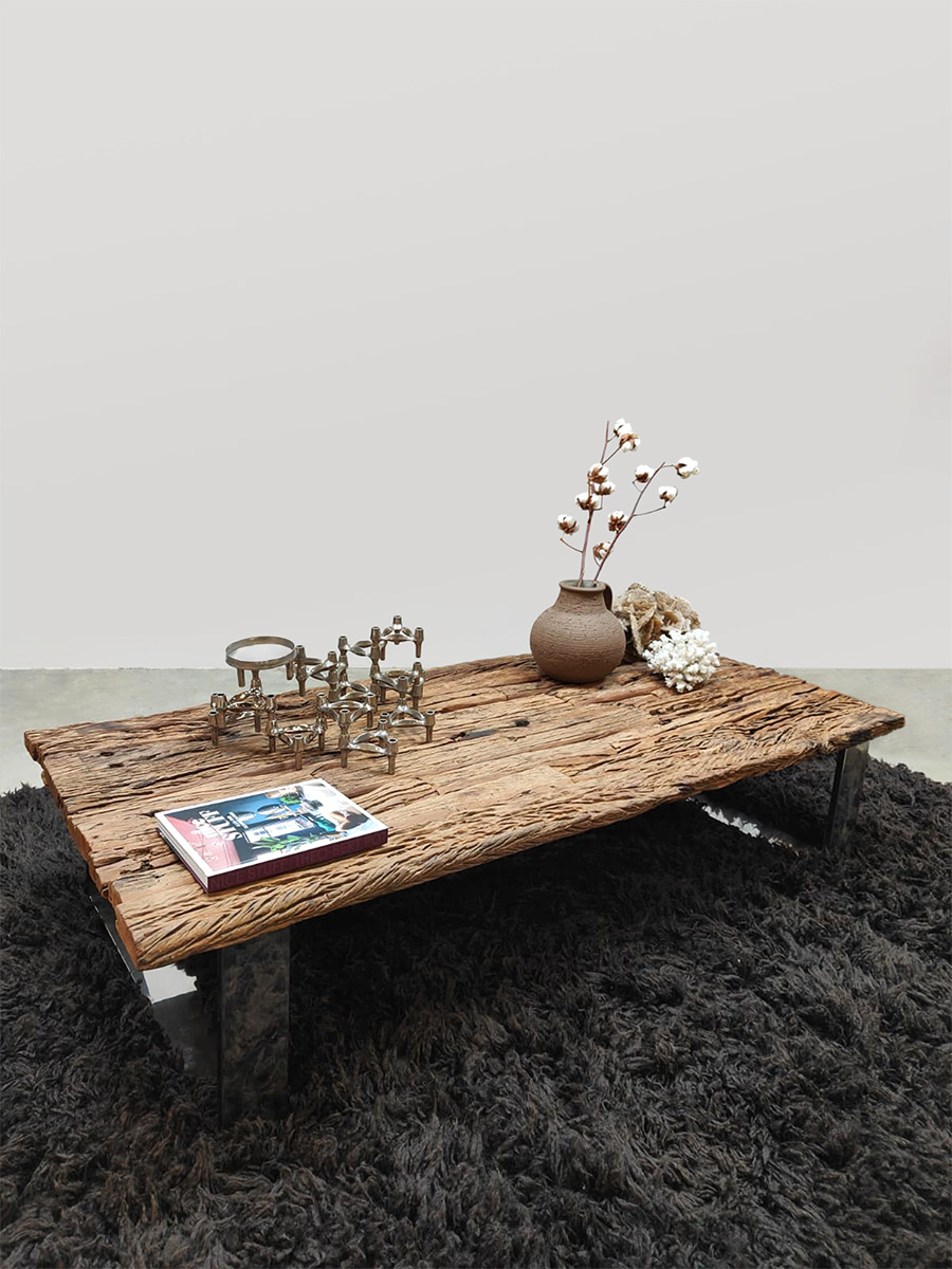 Vintage interior design railway sleeper wood coffee table houten salontafel 1970