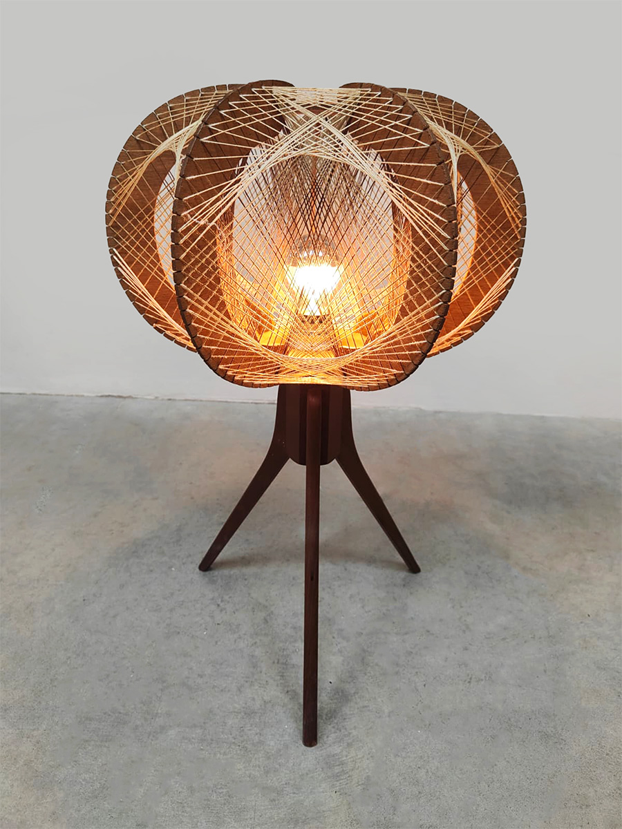 Vintage wooden string table lamp houten draadlamp tafellamp 1970