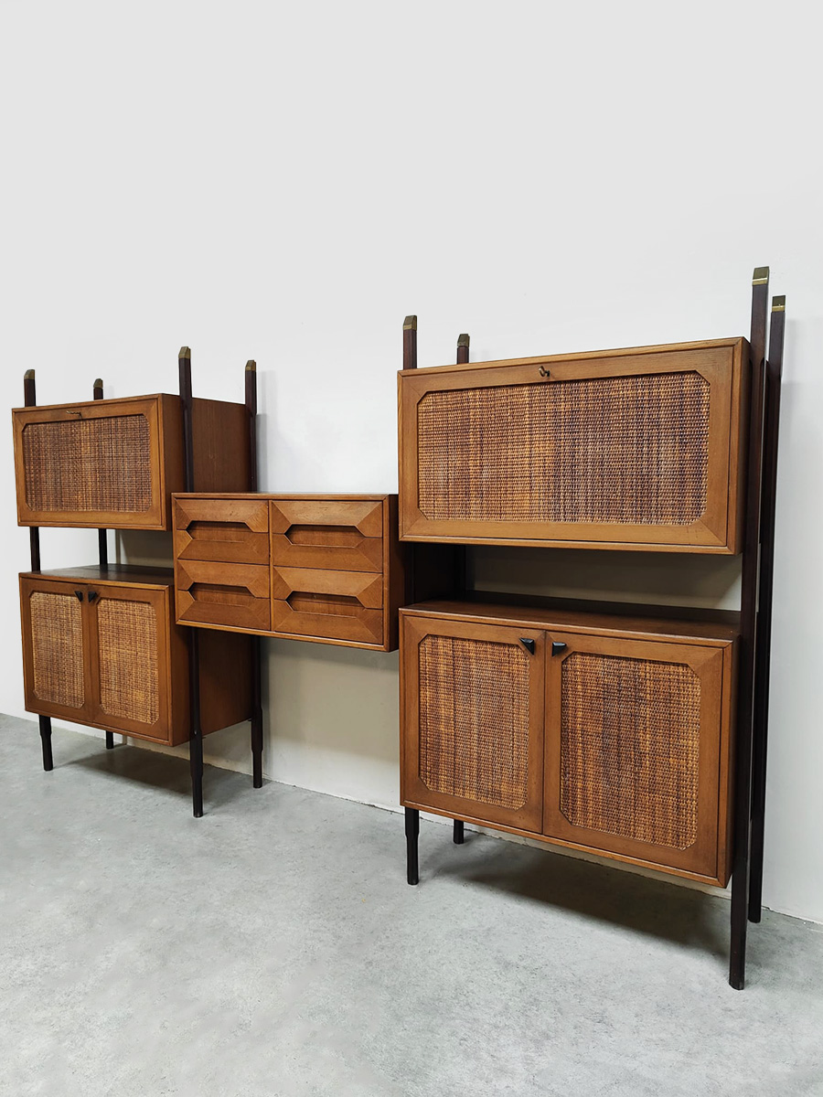 Rare Italian midcentury design modular teak webbing wall unit cabinet wandkast