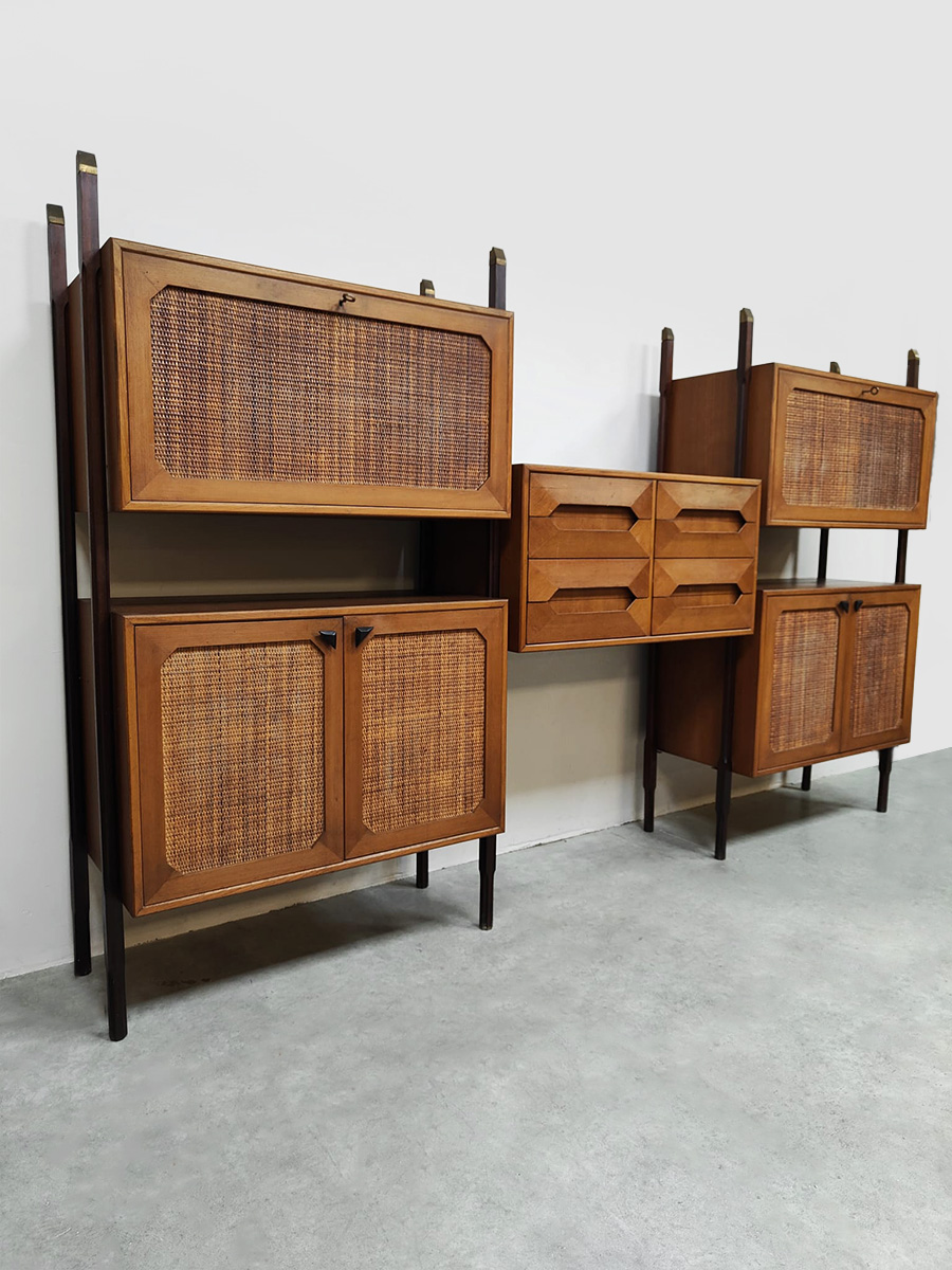 Rare Italian midcentury design modular teak webbing wall unit cabinet wandkast