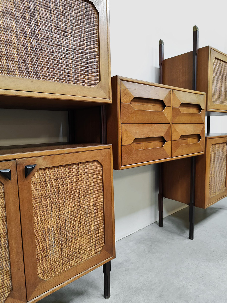 Rare Italian midcentury design modular teak webbing wall unit cabinet wandkast