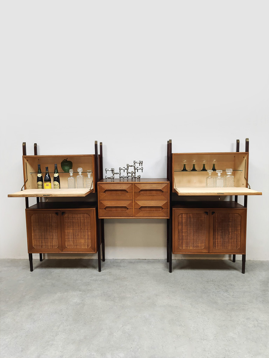 Rare Italian midcentury design modular teak webbing wall unit cabinet wandkast