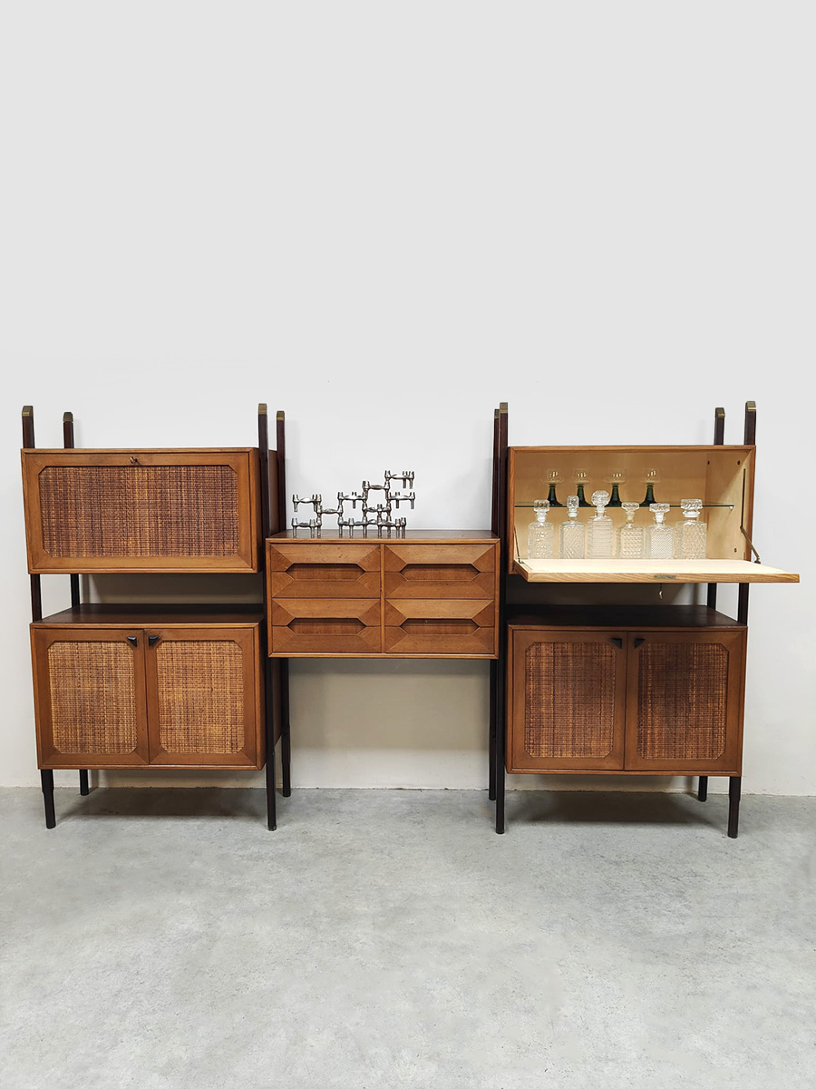 Rare Italian midcentury design modular teak webbing wall unit cabinet wandkast