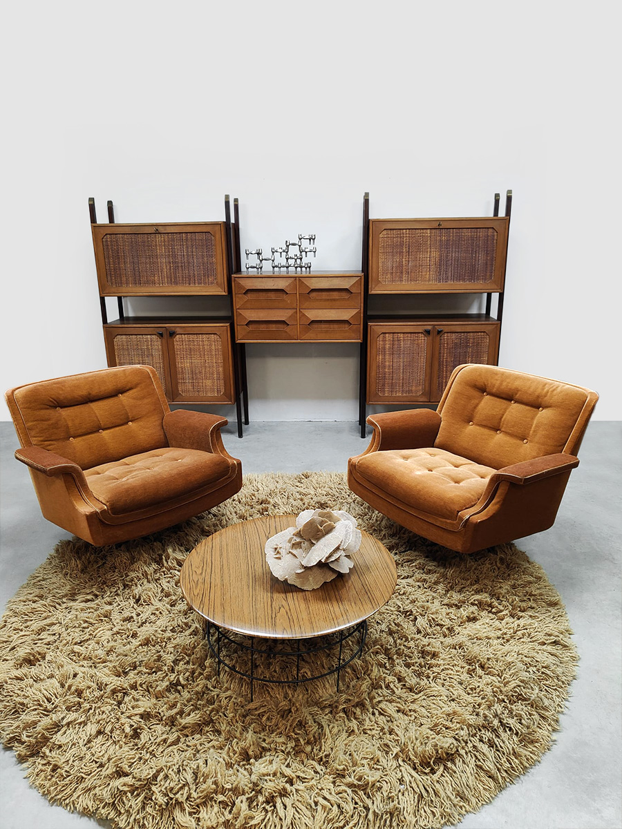 Rare Italian midcentury design modular teak webbing wall unit cabinet wandkast