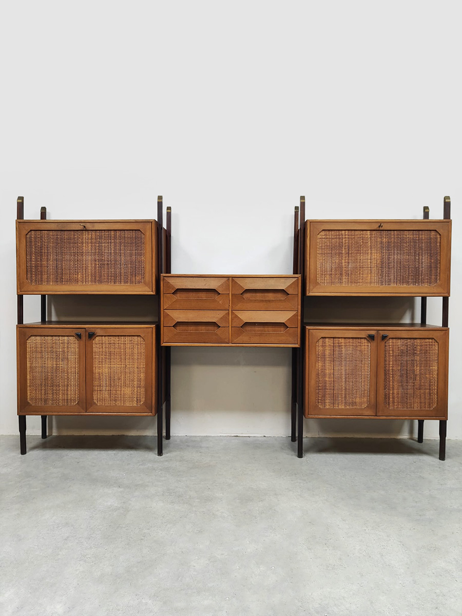 Rare Italian midcentury design modular teak webbing wall unit cabinet wandkast