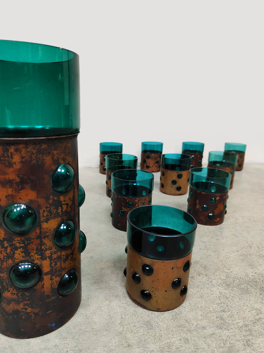 Vintage copper base bubble glass vase and glasses kan en glazen Nanny Still RAAK Amsterdam 1960's Vintage copper base bubble glass vase and glasses kan en glazen Nanny Still RAAK Amsterdam 1960's