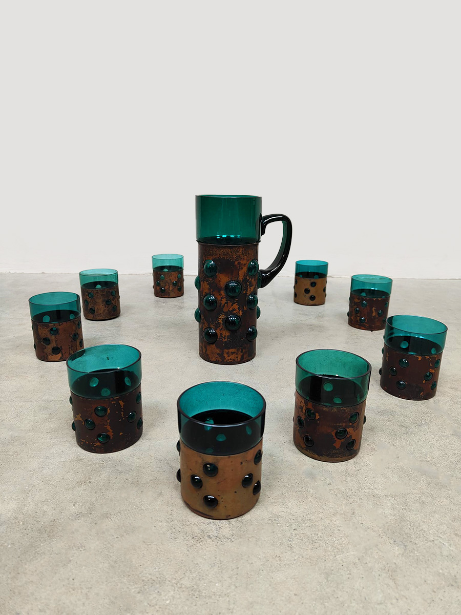 Vintage copper base bubble glass vase & glasses glazen Nanny Still Raak Vintage copper base bubble glass vase & glasses glazen Nanny Still Raak