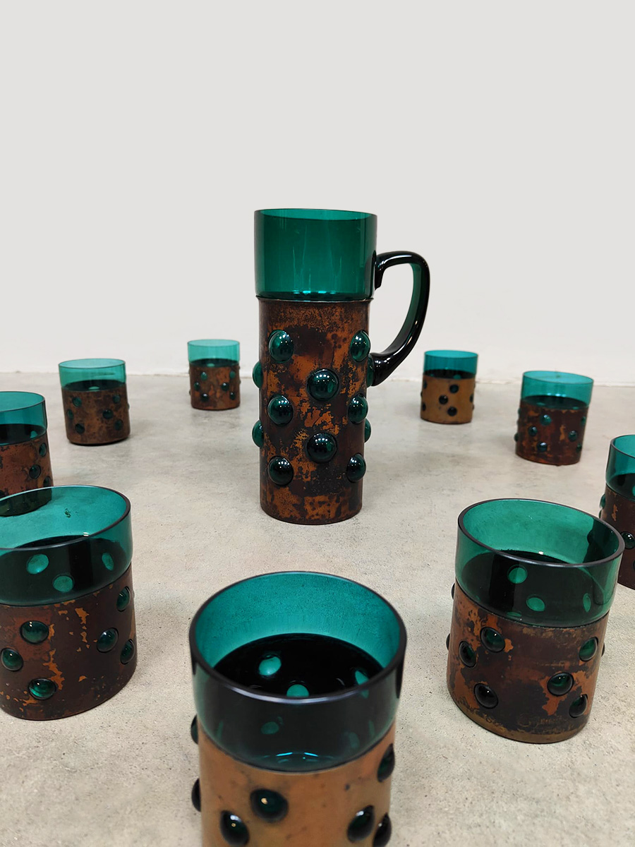 Vintage copper base bubble glass vase and glasses kan en glazen Nanny Still RAAK Amsterdam 1960's Vintage copper base bubble glass vase and glasses kan en glazen Nanny Still RAAK Amsterdam 1960's