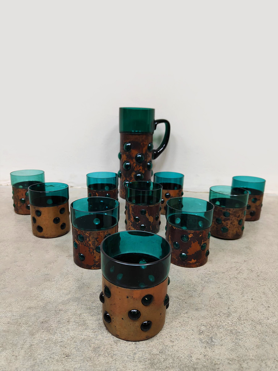 Vintage copper base bubble glass vase & glasses glazen Nanny Still Raak Vintage copper base bubble glass vase & glasses glazen Nanny Still Raak