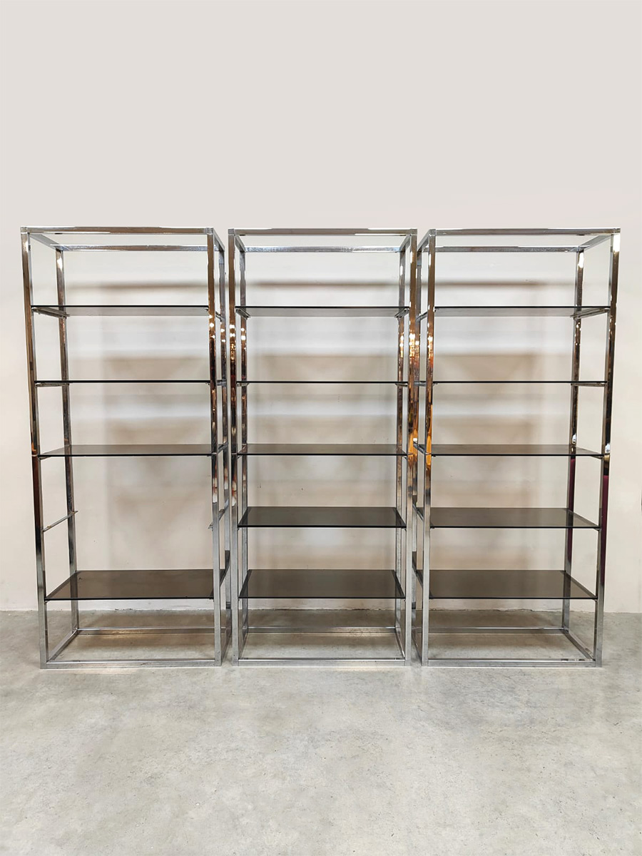 Vintage furniture design chrome & smoked glass cabinet bookcase chromen boekenkast roomdivider 'Mad men style'
