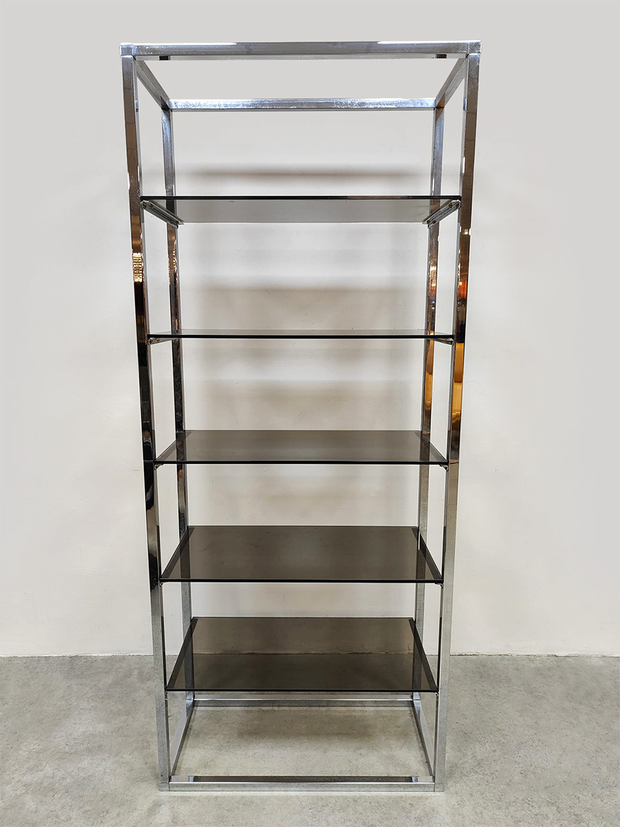 Midcentury interior design chrome & smoked glass cabinet bookcase chromen boekenkast roomdivider 'Mad men style'