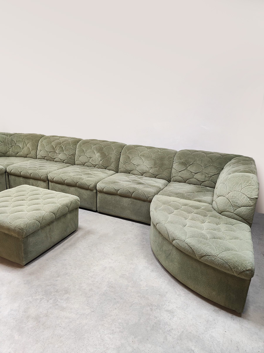 Midcentury interior design velvet quilted modular sofa modulaire elementen bank Laauser ‘Green pastel’